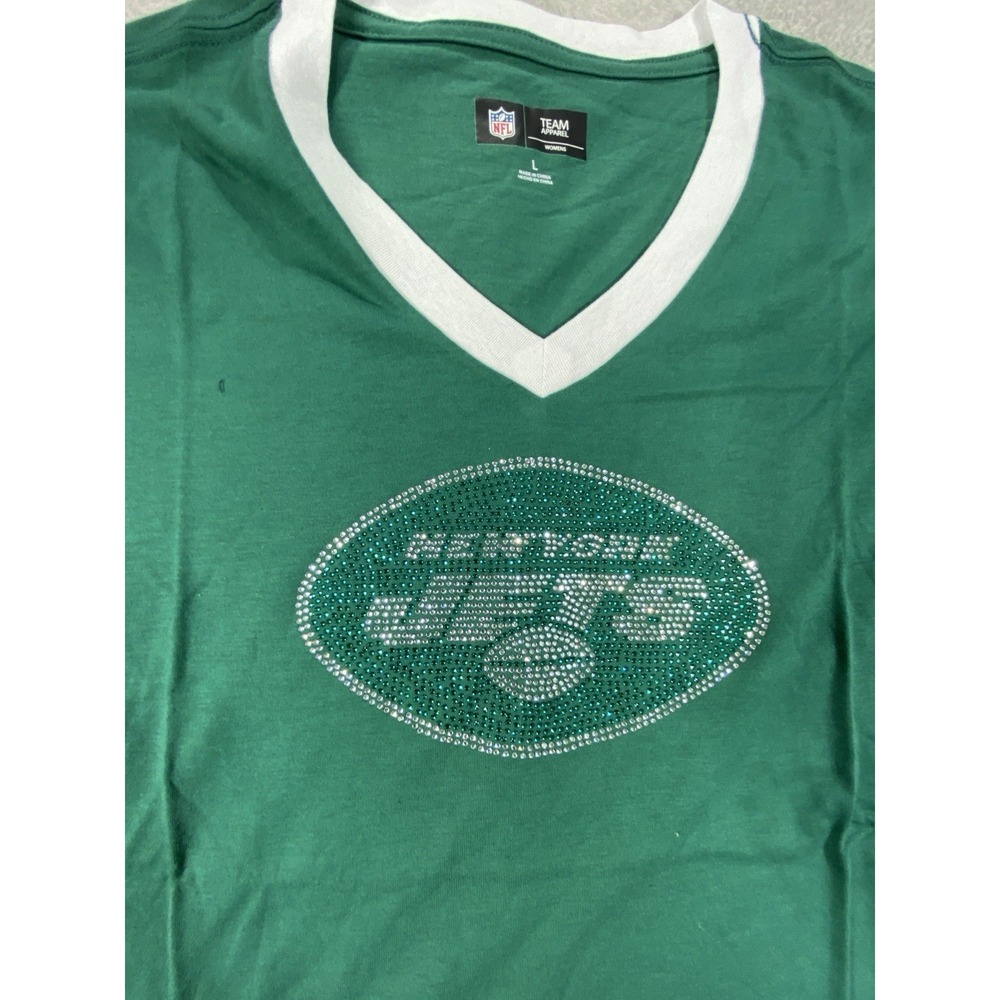 NWT NFL Team Apparel Shirt Women L New York Jets Football Studded Spellout Sport